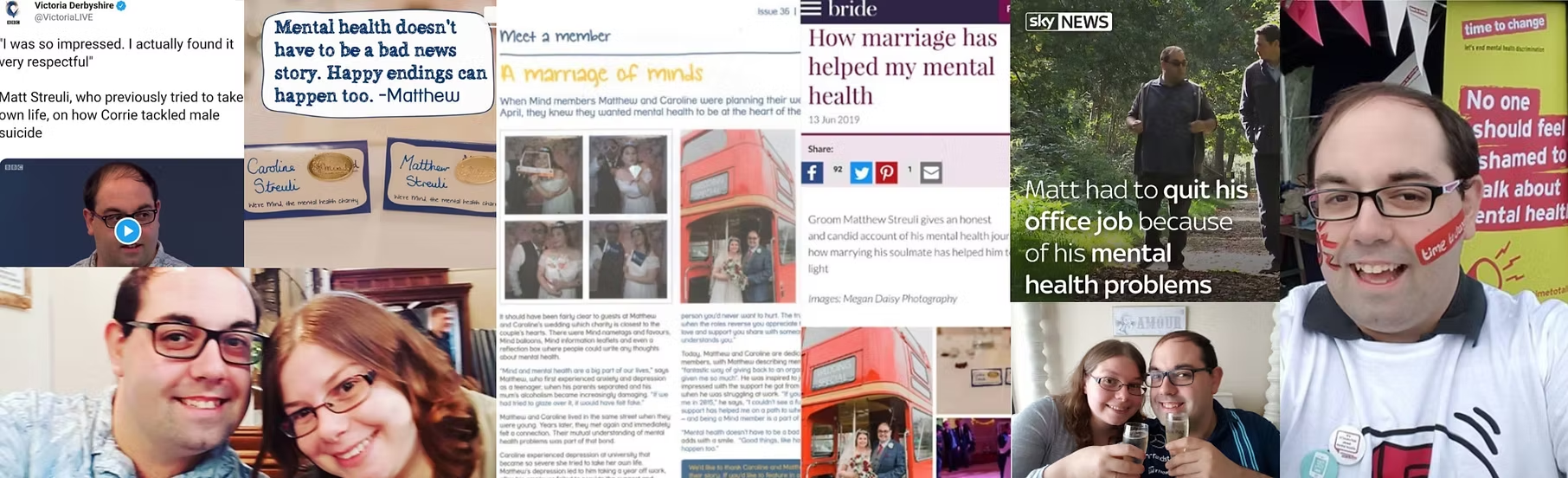 Banner collage of Matthew Streuli's mental health advocacy and media work, combining photographs and imagery from talks, training and on-screen appearances.
